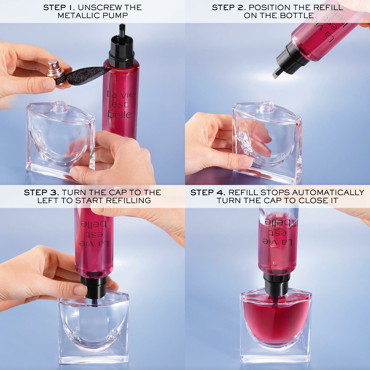 Step-by-step guide for refilling Lancôme La Vie Est Belle perfume 100 ml, featuring easy-to-follow instructions.