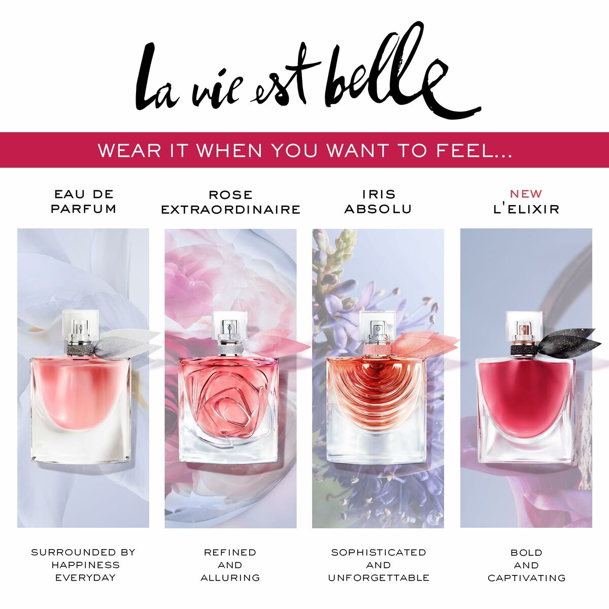 La Vie Est Belle fragrance collection showcasing Eau de Parfum, Rose Extraordinaire, Iris Absolu, and L'Élixir.