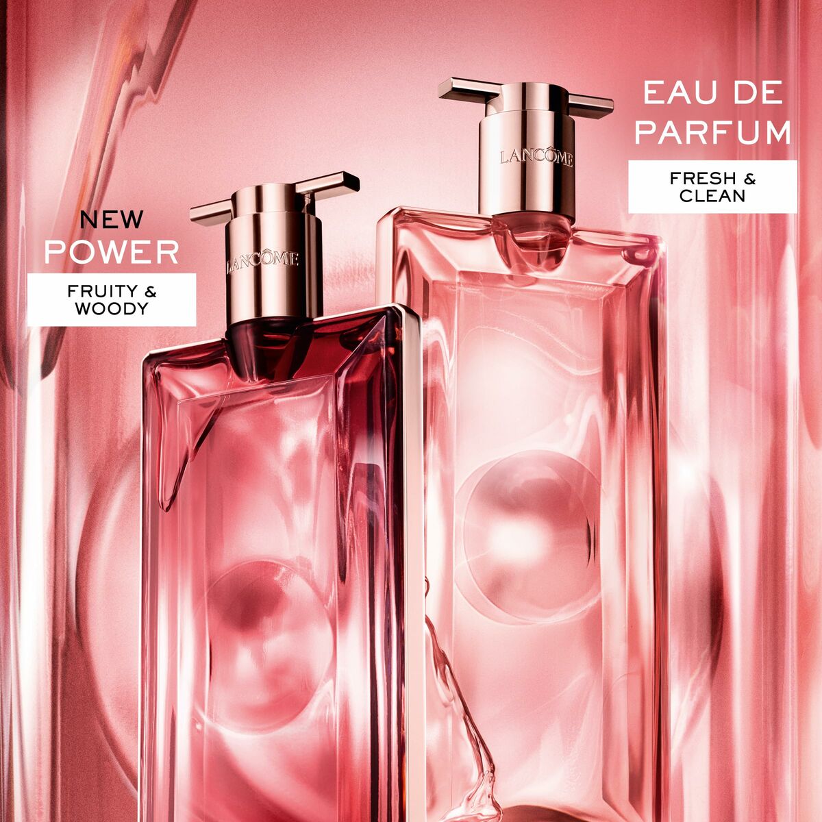 Lancôme IDÔLE EDP bottles showcasing fruity and woody fragrance notes, representing freshness and cleanliness.