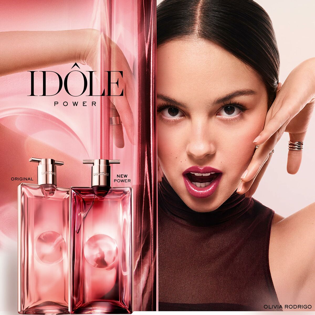 Parfum Lancôme IDÔLE Power EDP bottles alongside a model promoting elegance and femininity.