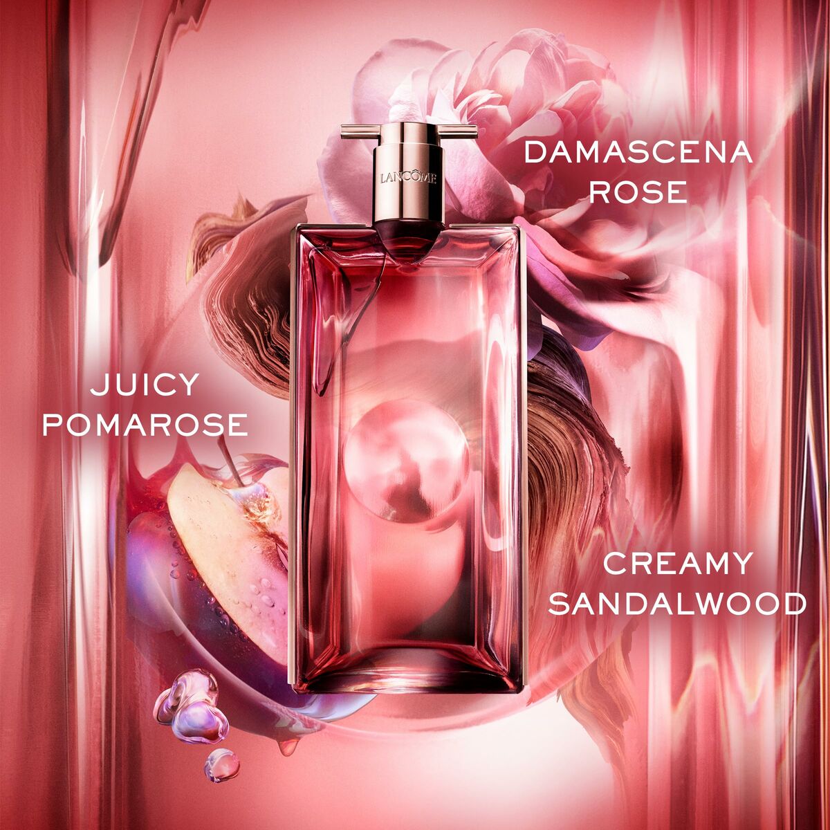 Parfum Femme Lancôme IDÔLE EDP 50 ml showcasing Damascena Rose, Juicy Pomarose, and Creamy Sandalwood.