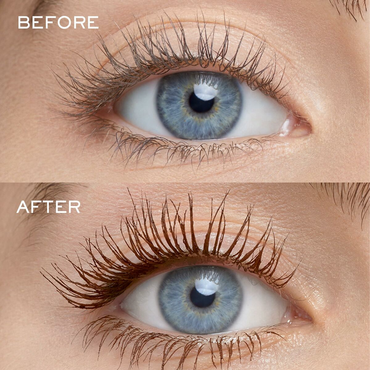 Before and after images showcasing the effect of Lancôme LASH IDÔLE mascara on eyelashes, enhancing length and volume.