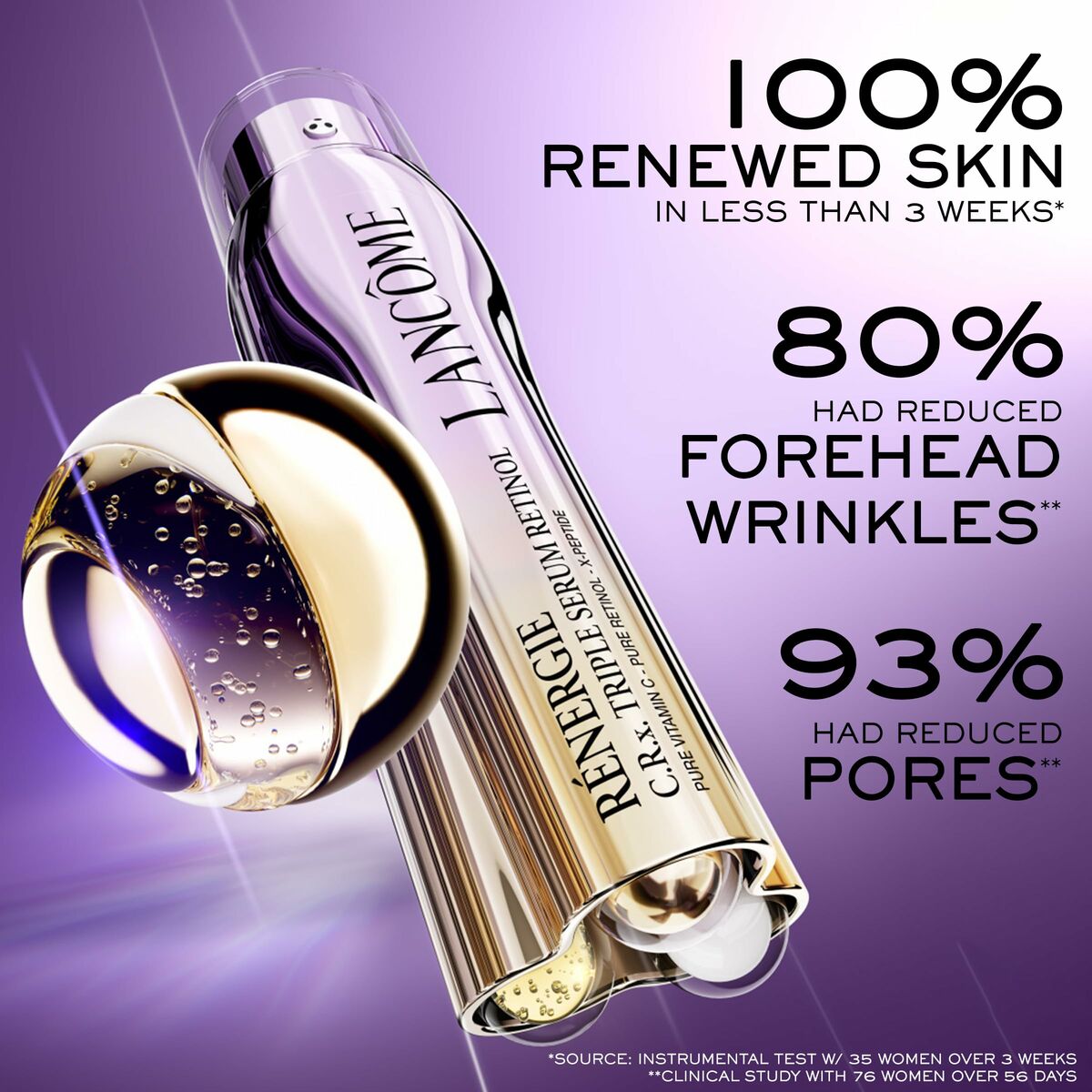 Lancôme RÉNERGIE Crème visage with serum texture, promoting 100% renewed skin, effective for wrinkles and pores.