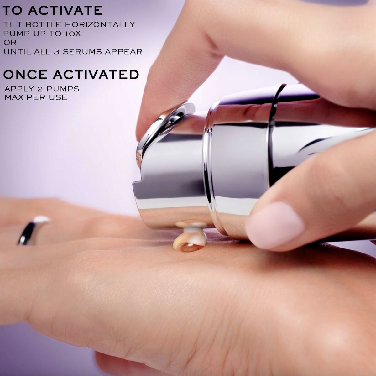Person activating Lancôme RÉNERGIE cream by pumping the dispenser onto their hand.