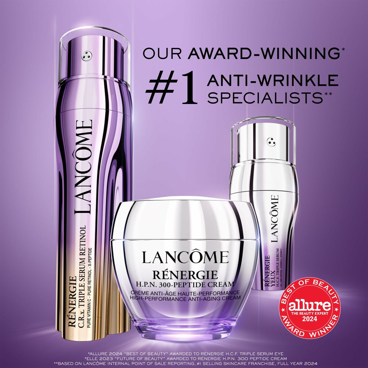 Lancôme RÉNERGIE skincare products showcasing anti-wrinkle serum and cream, recognized as award-winning by Allure 2024.