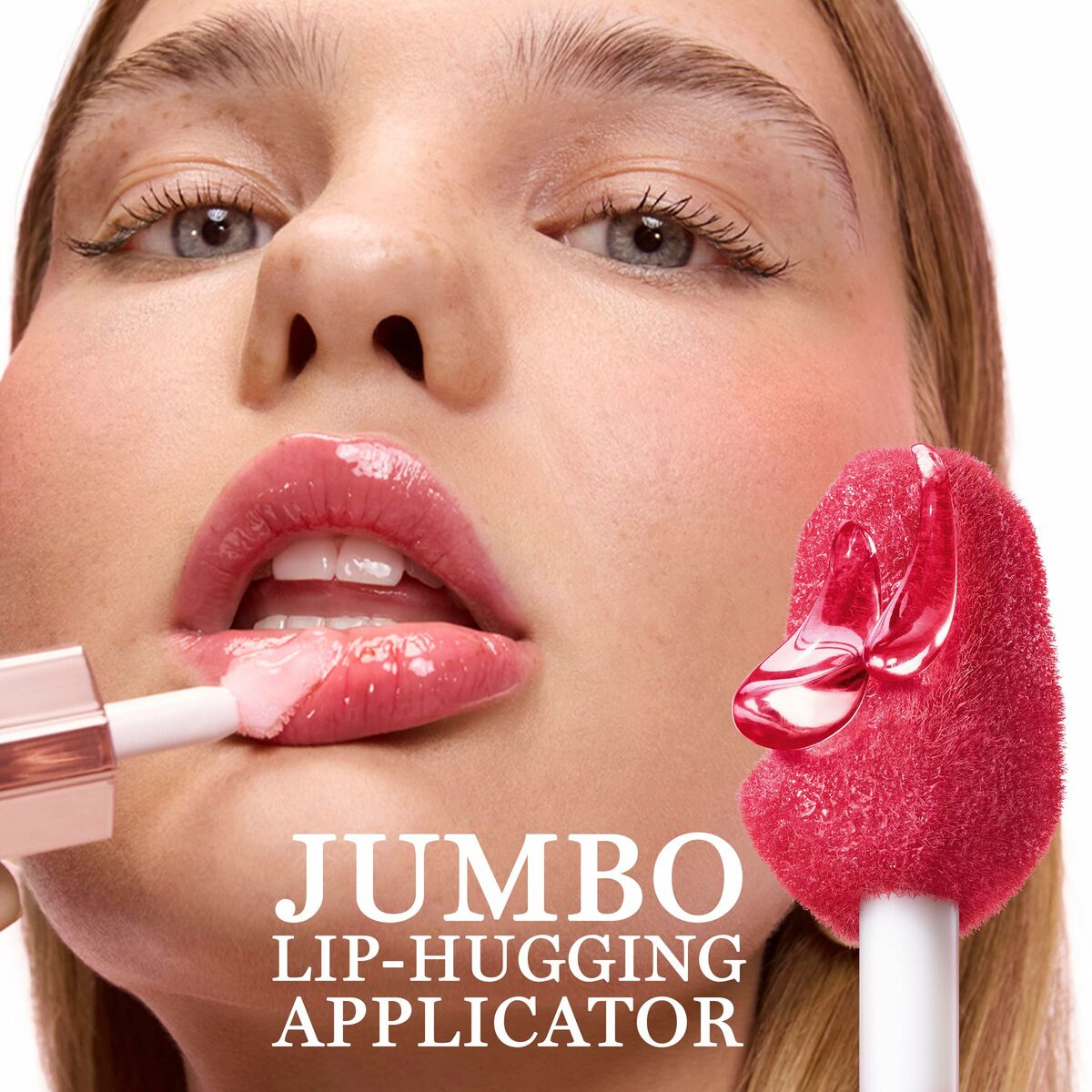 Close-up of a model applying Lancôme IDÔLE lipstick with a jumbo lip-hugging applicator for a flawless finish.