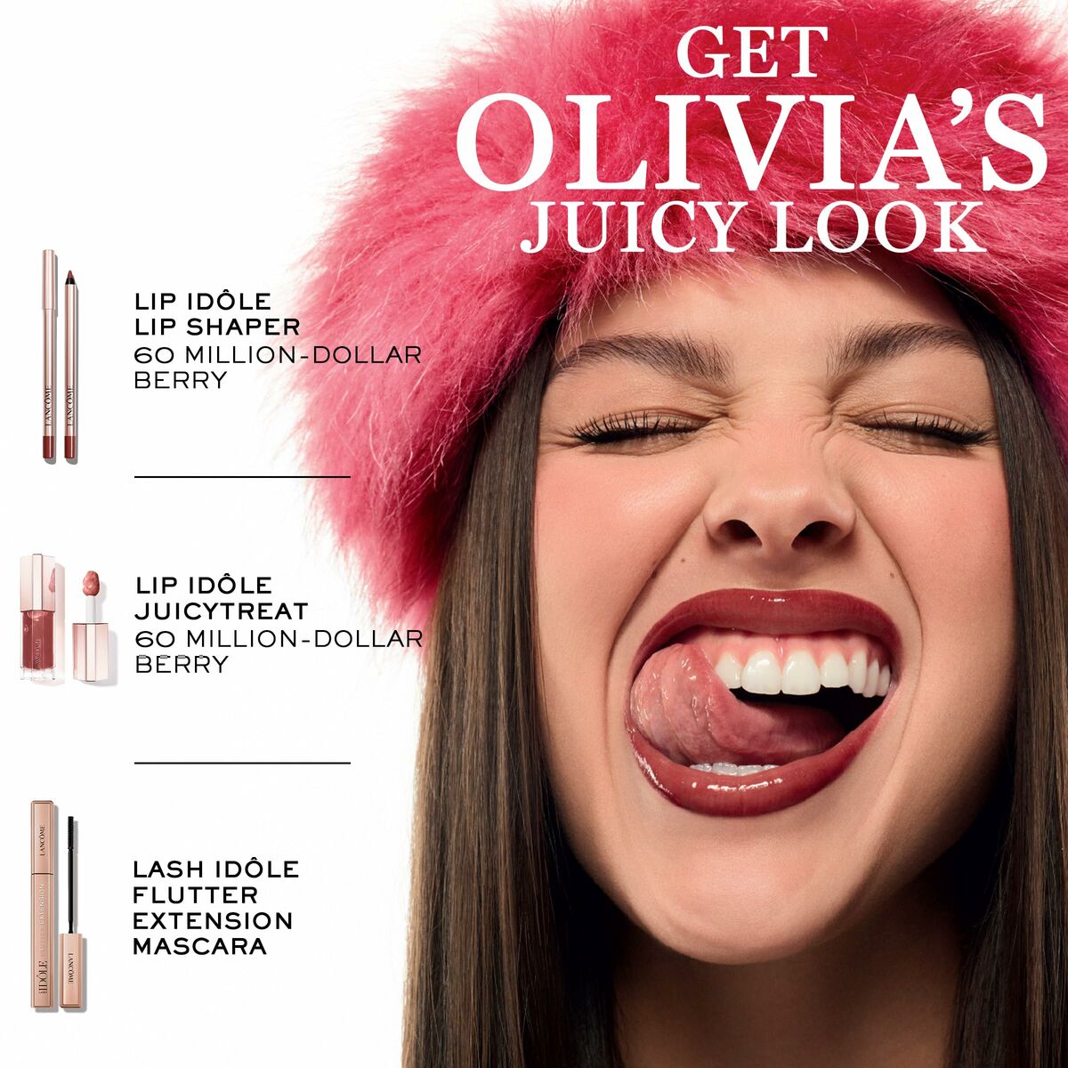 Olivia showing off a playful expression wearing Lancôme makeup products including Lip Idôle and Lash Idôle.