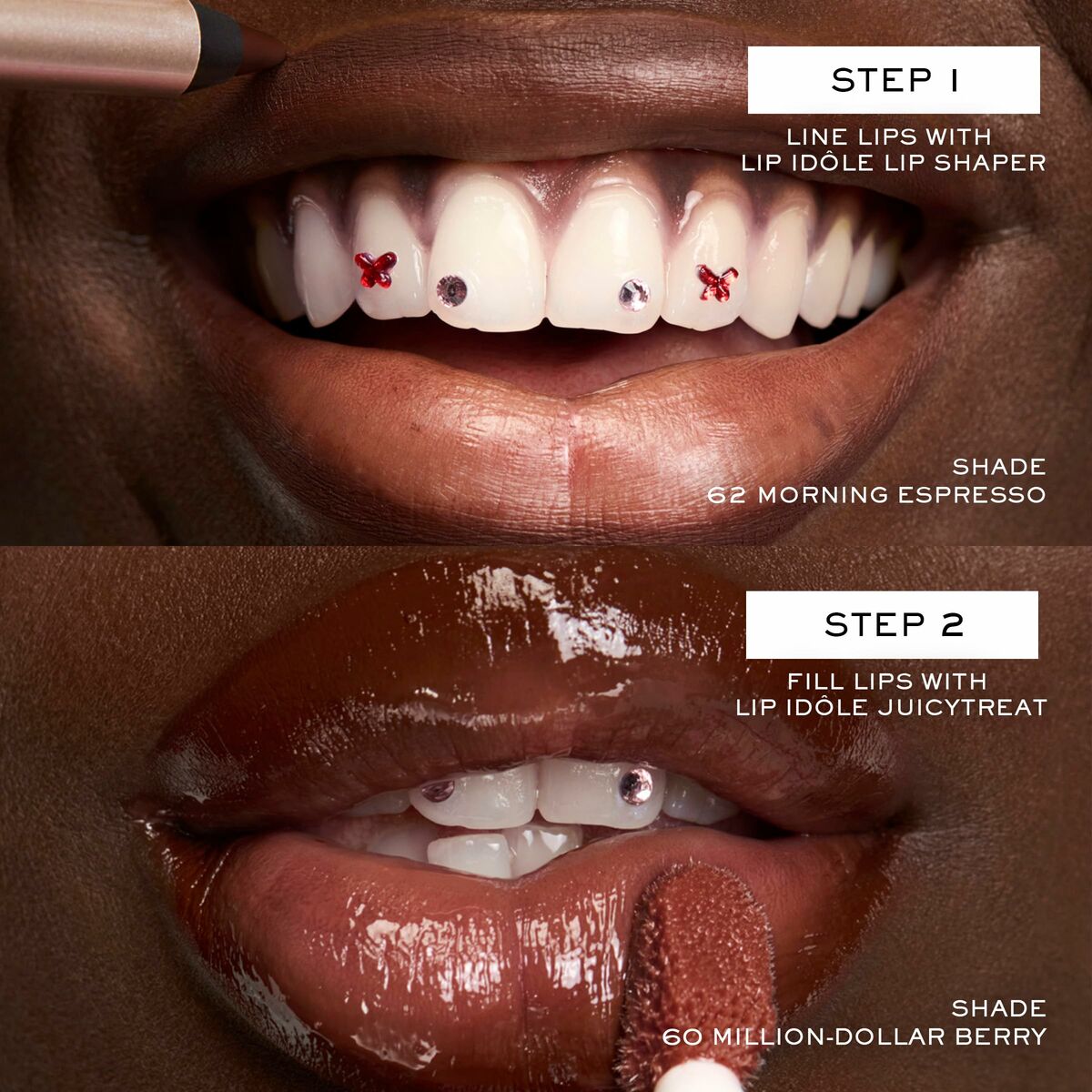 Instructions for applying Lancôme IDÔLE lipstick, featuring lip liner and lip cream shades on model's lips.