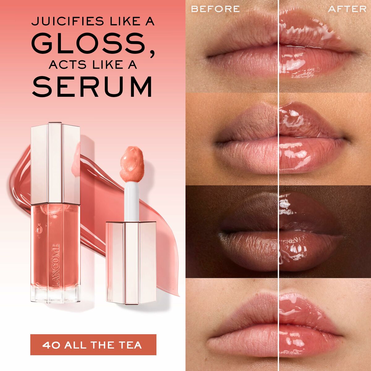 Before and after comparison of lips using Lancôme gloss that functions like a serum in shade 40 All The Tea.