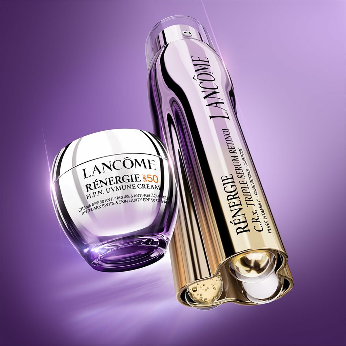 Lancôme RÉNERGIE H.P.N. 50 ml cream and serum set against a purple background, ideal for women and unisex skincare.