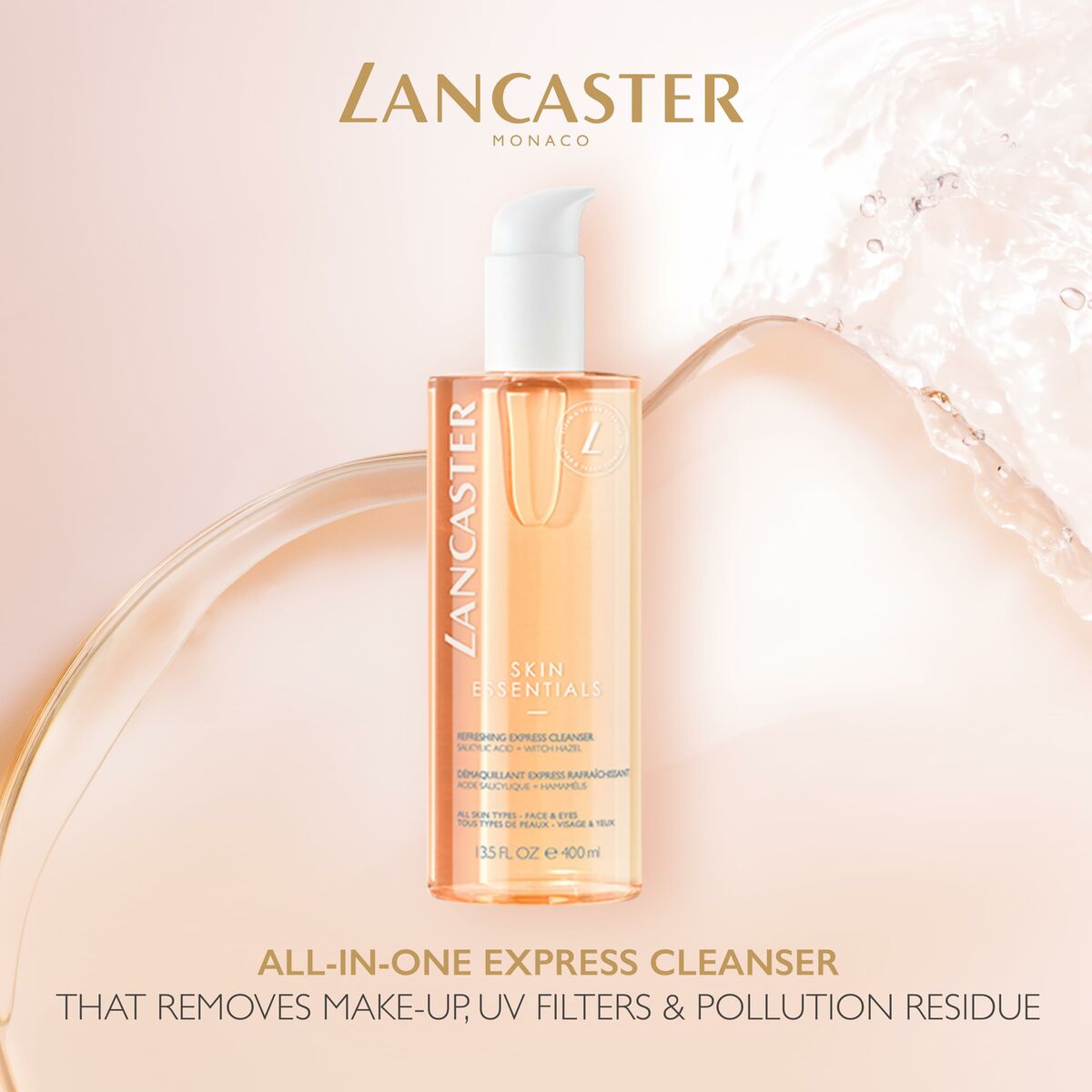 Lancaster Skin Essentials 400 ml cleanser, a vegan all-in-one solution for makeup, UV filters, and pollution residue.