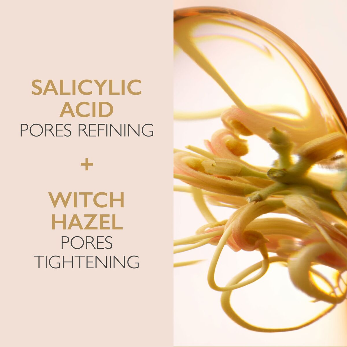 Salicylic Acid and Witch Hazel ingredients for pore refining and tightening in a beauty product.