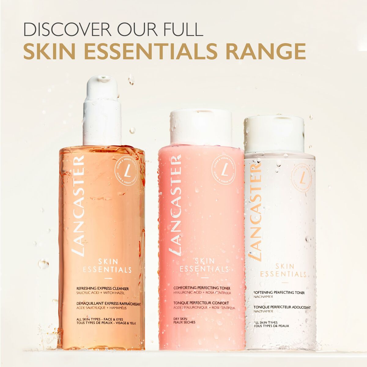 Lancaster Skin Essentials range featuring three face cleansers and toners in a refreshing backdrop.