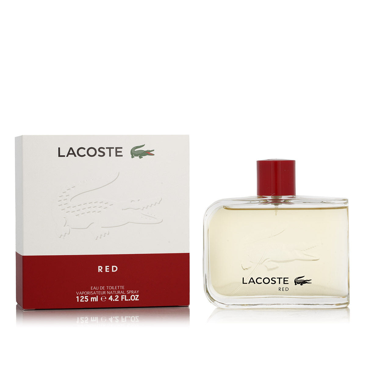 Lacoste Red Eau de Toilette 125 ml perfume for men in box, showcasing its elegant design and fragrance.
