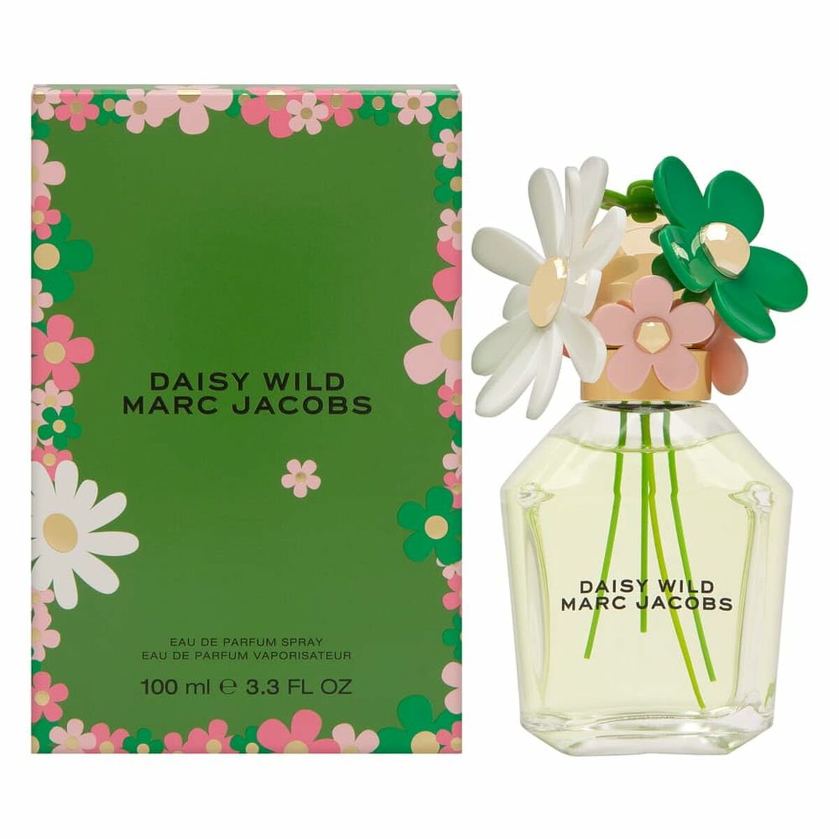 Parfum Femme Marc Jacobs DAISY WILD 100 ml avec flacon fleuri et emballage vert, fragrance féminine unique.