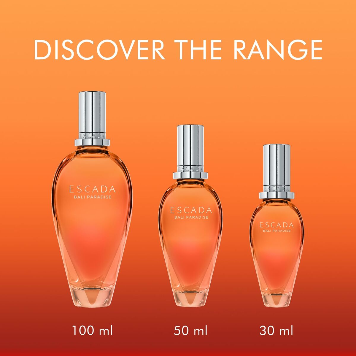 Image showcasing Escada Bali Paradise perfume bottles in 30 ml, 50 ml, and 100 ml sizes with a vibrant orange gradient background.