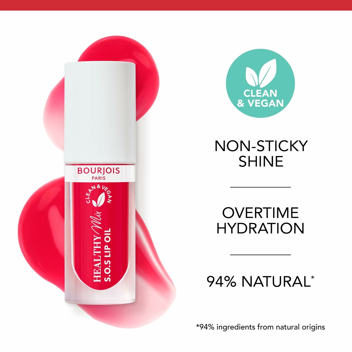 Rouge à lèvres Bourjois HEALTHY MIX S.O.S Nº 03-Straw'bisous en tube, avec caractéristiques véganes et ingrédients naturels.