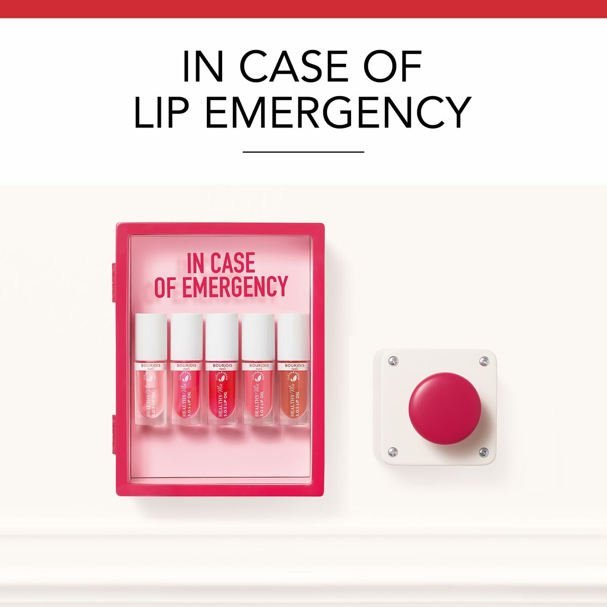 Emergency lip kit with five colorful lip glosses and a red button for quick access.