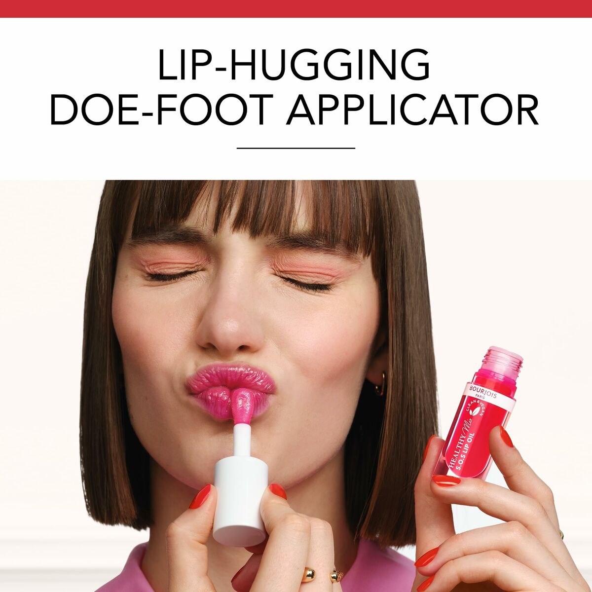 Model applying Bourjois Healthy Mix lipstick with lip-hugging doe-foot applicator, showcasing vibrant color.
