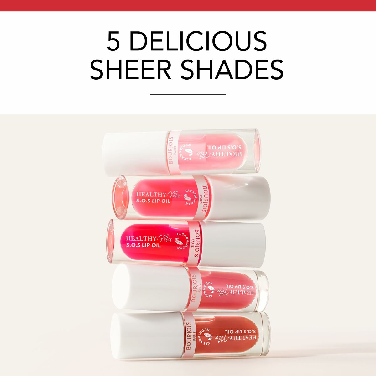 5 shades of Bourjois Healthy Mix S.O.S Lip Oil stacked, showcasing vibrant colors and sheer finish.