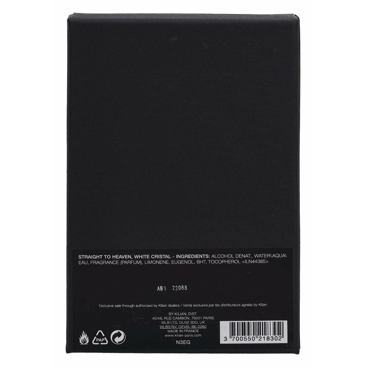 Back of Parfum Homme Kilian Straight to Heaven 50 ml box displaying ingredients and details.