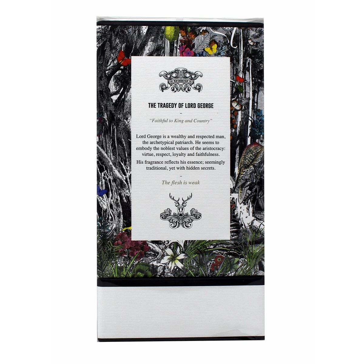 Elegant packaging of Penhaligon's Tragedy of Lord George fragrance with detailed description and artistic design.