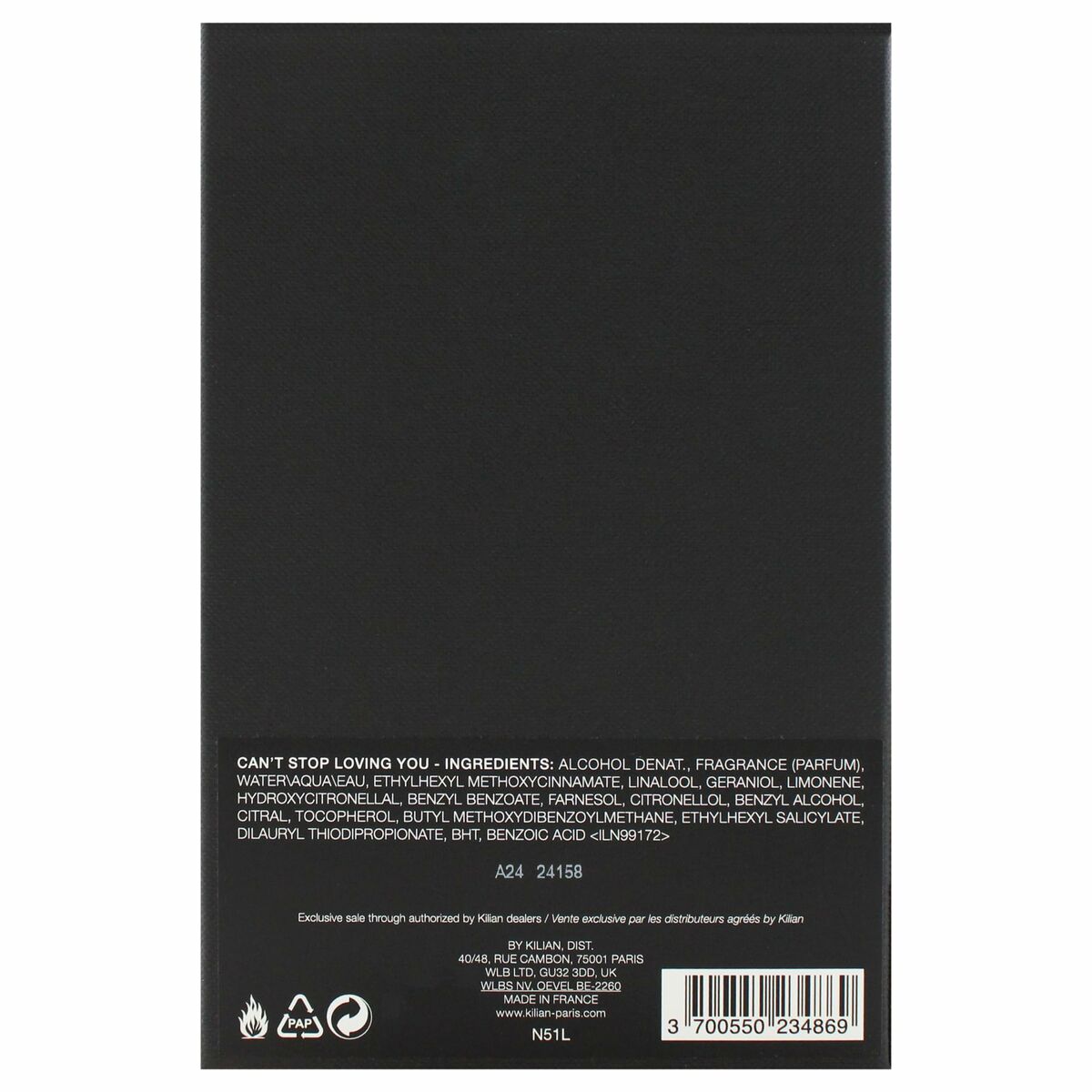 Ingredients list for Kilian Can't Stop Loving You EDP in a sleek black packaging.