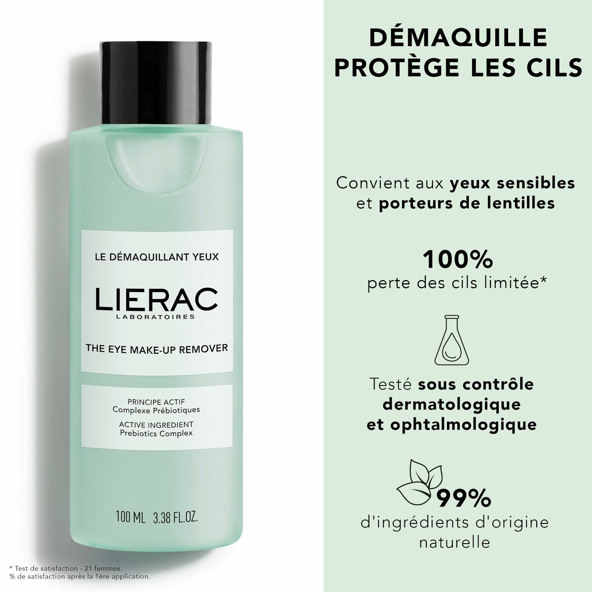 Démaquillant visage Lierac, 100 ml, pour yeux sensibles, testé dermatologiquement et à base d'ingrédients naturels.