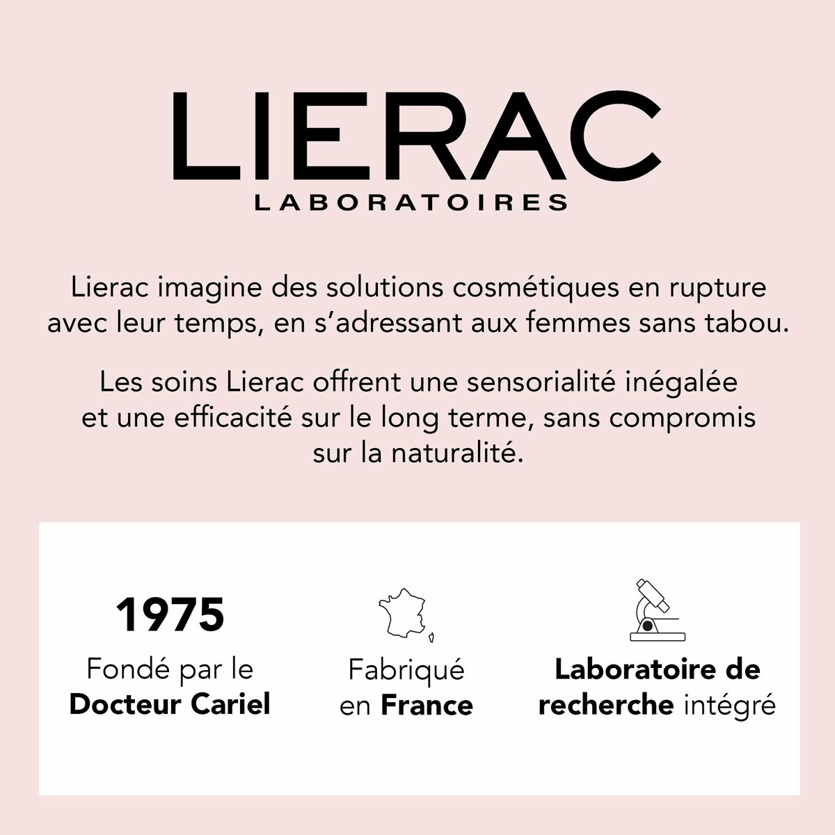Lierac brand information highlighting innovative cosmetic solutions and natural ingredients founded in 1975.