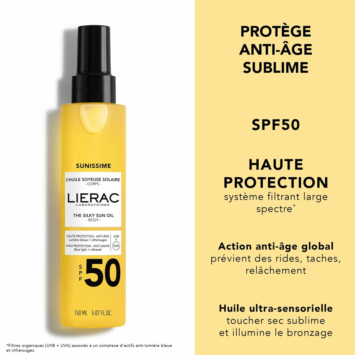Protecteur Solaire Lierac SUNISSIME SPF 50, huile bronzante 150 ml, protection anti-âge et naturelle.