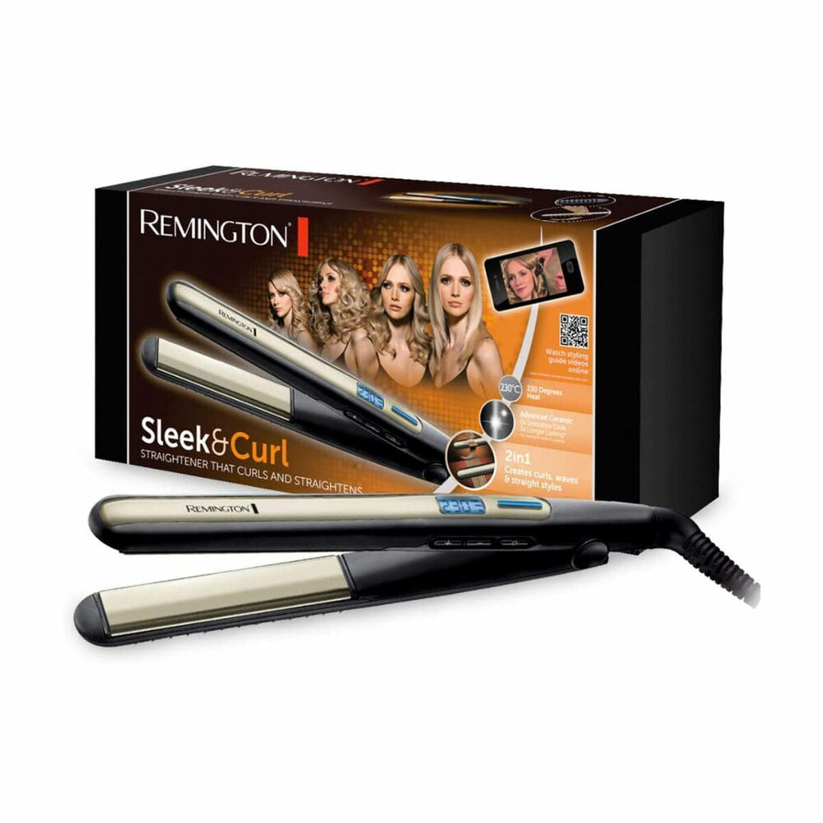 Lisseur à cheveux Remington Sleek & Curl avec boîte, idéal pour lisser et boucler tous types de cheveux.