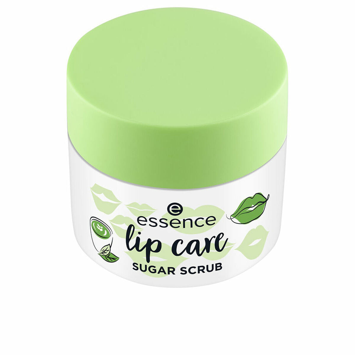 Essence Lip Care Sugar Scrub in a green jar, designed for gentle lip exfoliation and hydration.