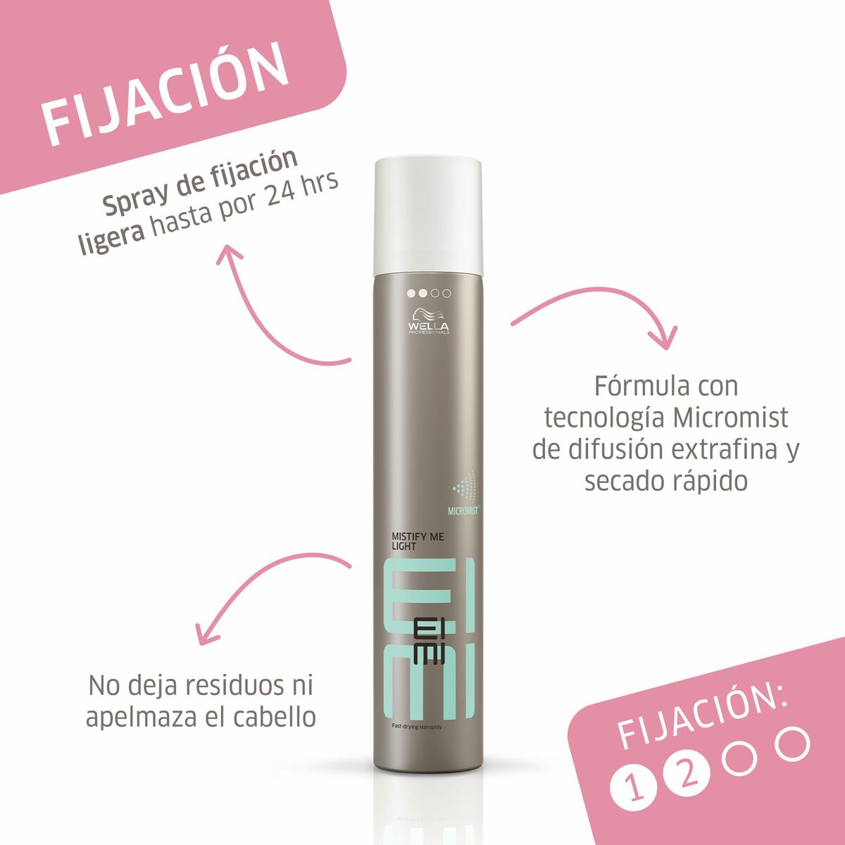 Spray de fixation légère Wella EIMI, fixation durable, formulation Micromist, ne laisse pas de résidus, pour tous types de cheveux.