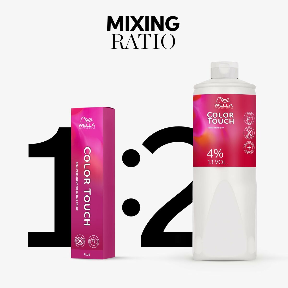 Wella Color Touch products showcasing mixing ratio of 1:2 for optimal hair coloring results.