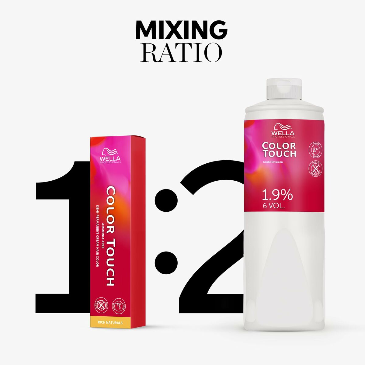 Bouteille et tube de Color Touch Wella montrant le ratio de mélange 1:2 pour un résultat optimal.