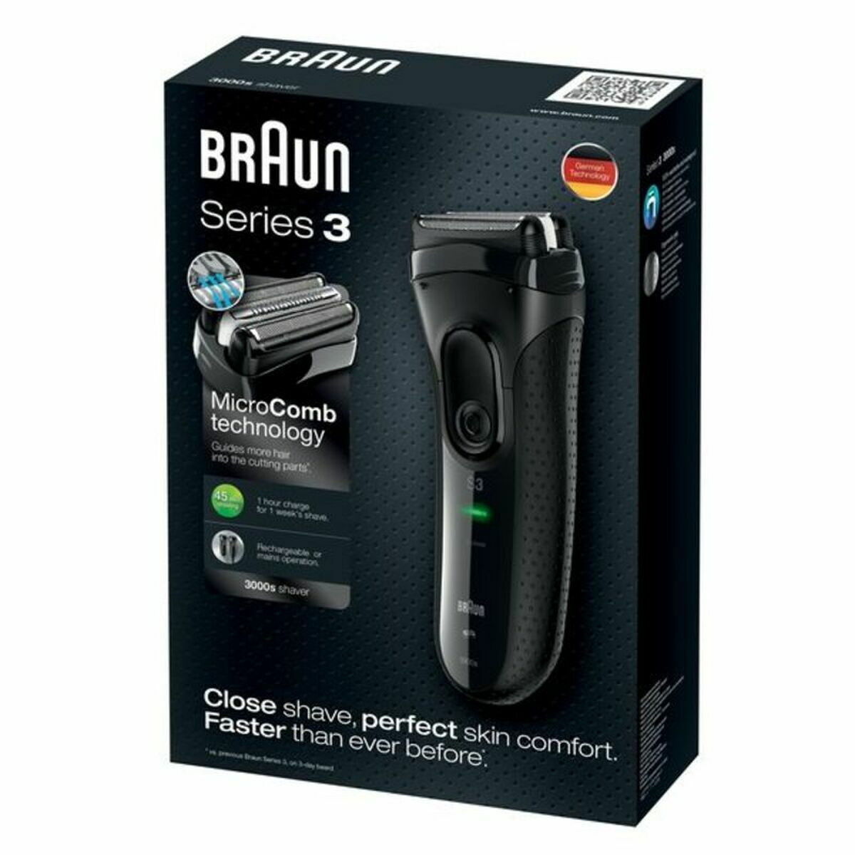 Rasoir électrique Braun Series 3 3000S avec technologie MicroComb pour un rasage près et confortable.