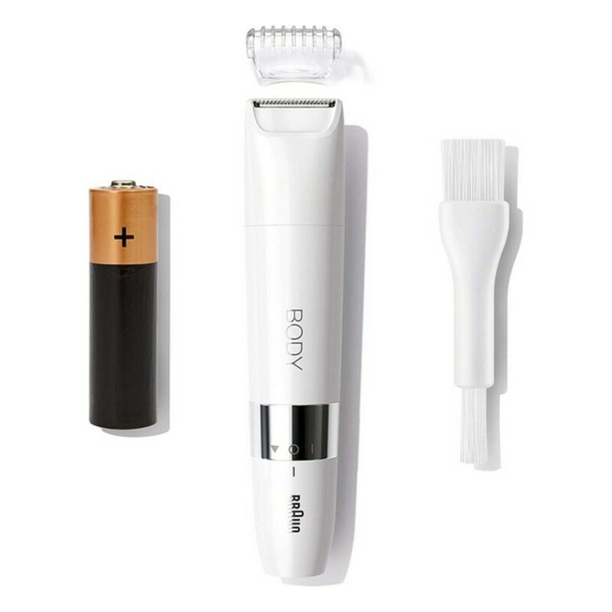 Épilateur électrique Braun BS1000 blanc avec accessoires, brosse de nettoyage et piles, idéal pour l'hygiène intime.