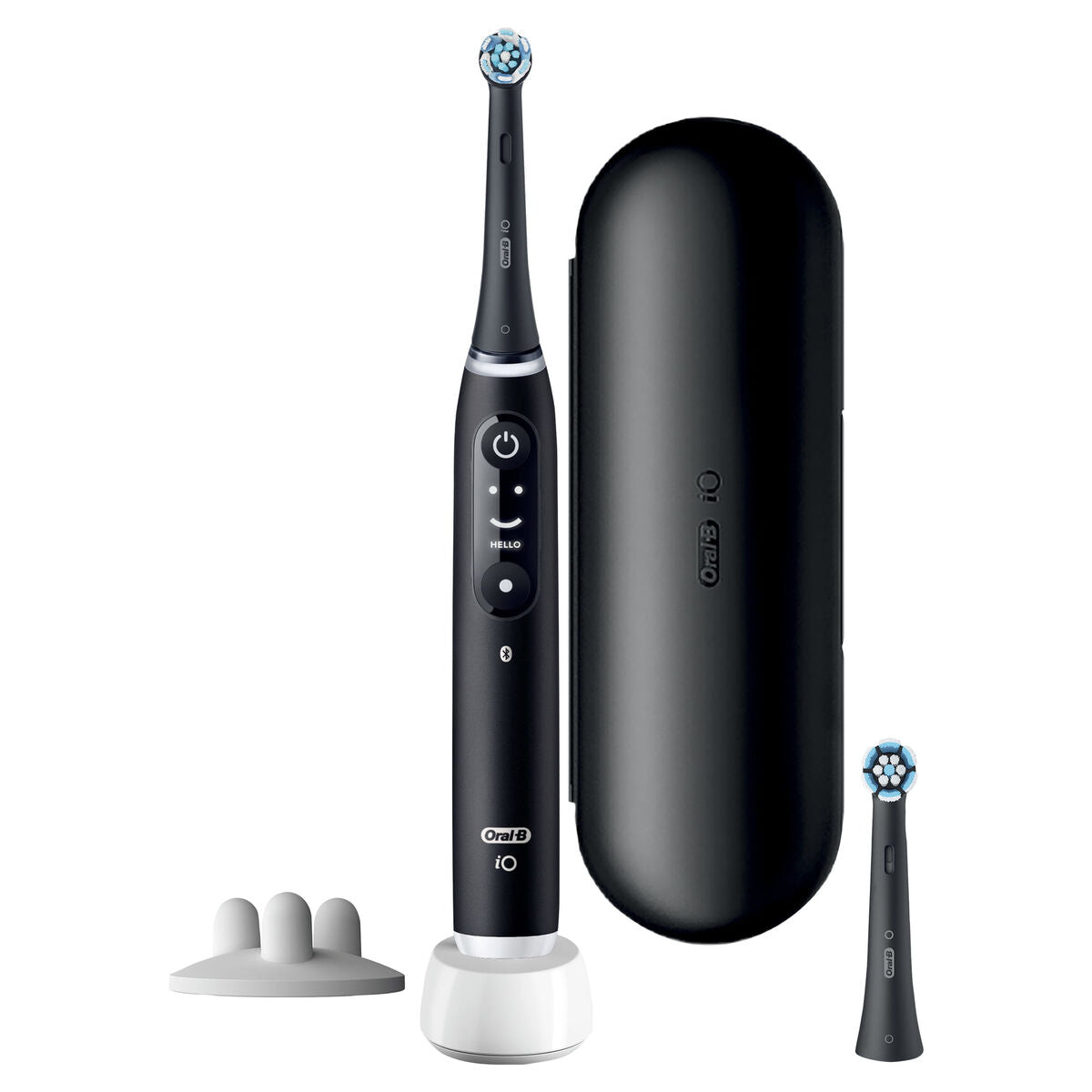 Brosse à dents électrique Oral-B IO6S noire avec étui, minuteur et tête de rechange.