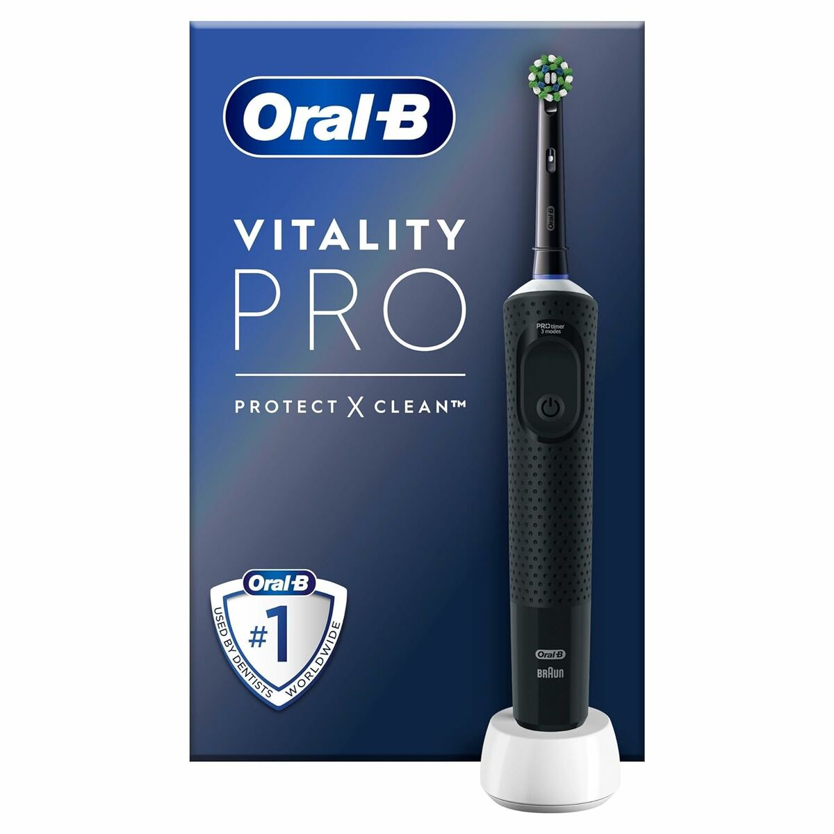 Brosse à dents électrique Oral-B Vitality PRO, design noir, avec station de charge, pour un nettoyage efficace.