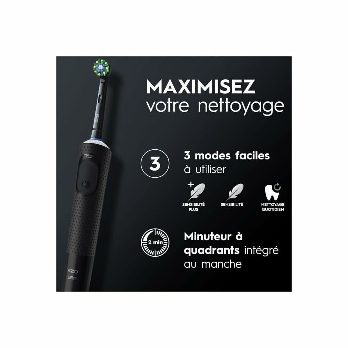 Brosse à dents électrique Braun Vitality PRO avec 3 modes, minuteur intégré pour un nettoyage efficace.