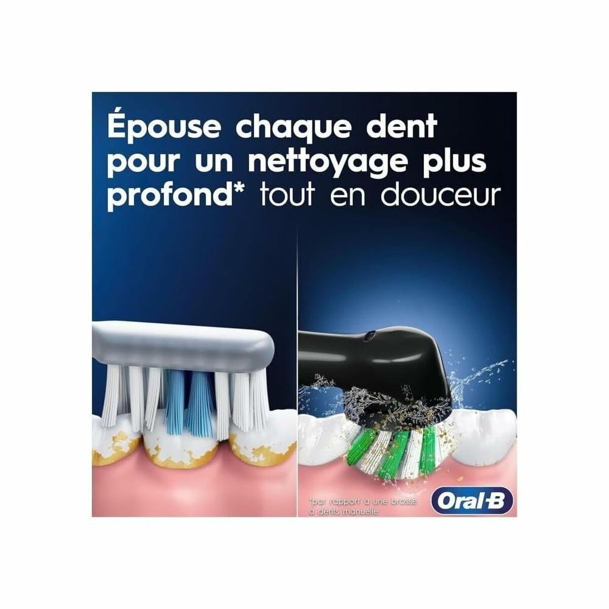 Illustration de la brosse à dents Oral-B, mettant en avant son nettoyage doux et efficace des dents.