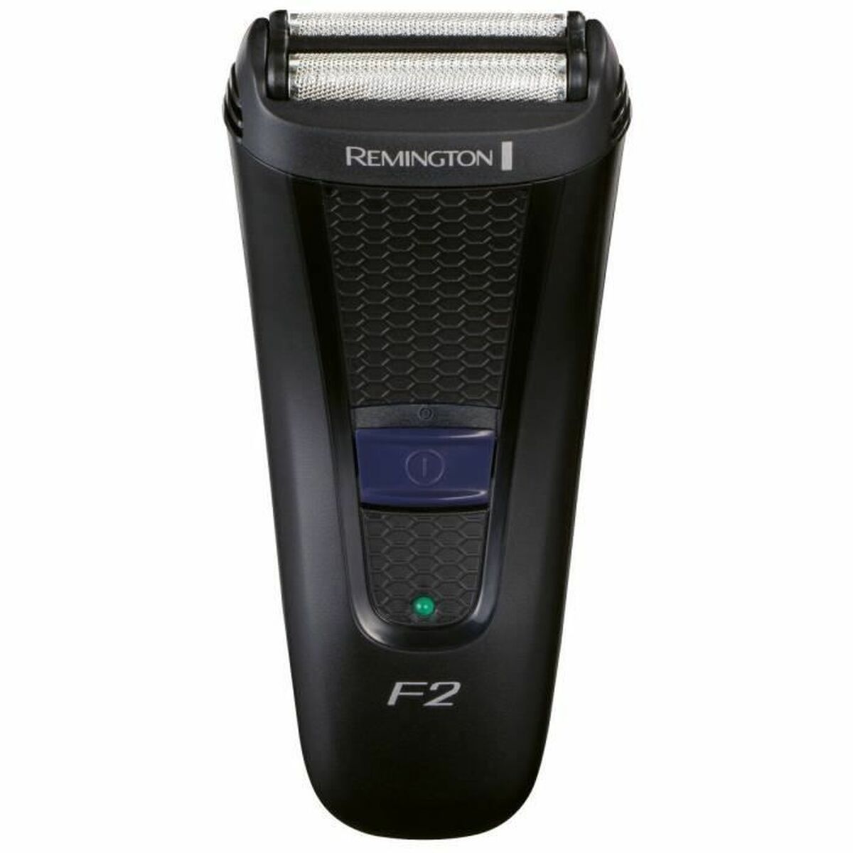 Rasoir électrique Remington F2 noir, barrette de rasage, alimentation par piles AAA, design ergonomique.