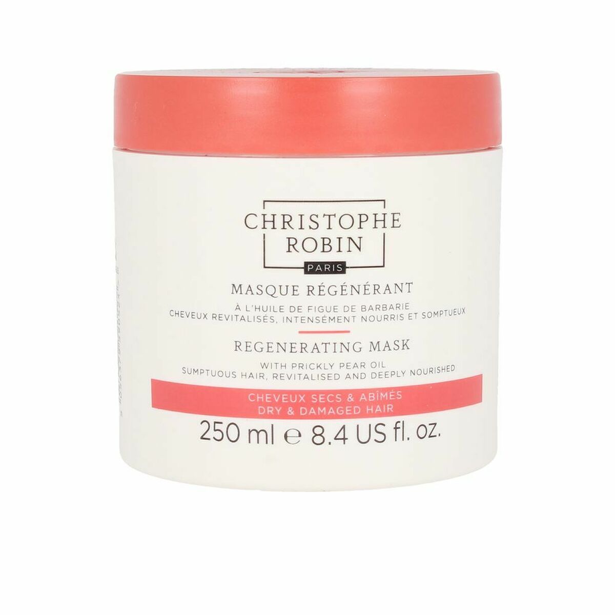 Masque nettoyant et régénérant Christophe Robin pour cheveux secs et abîmés, 250 ml.