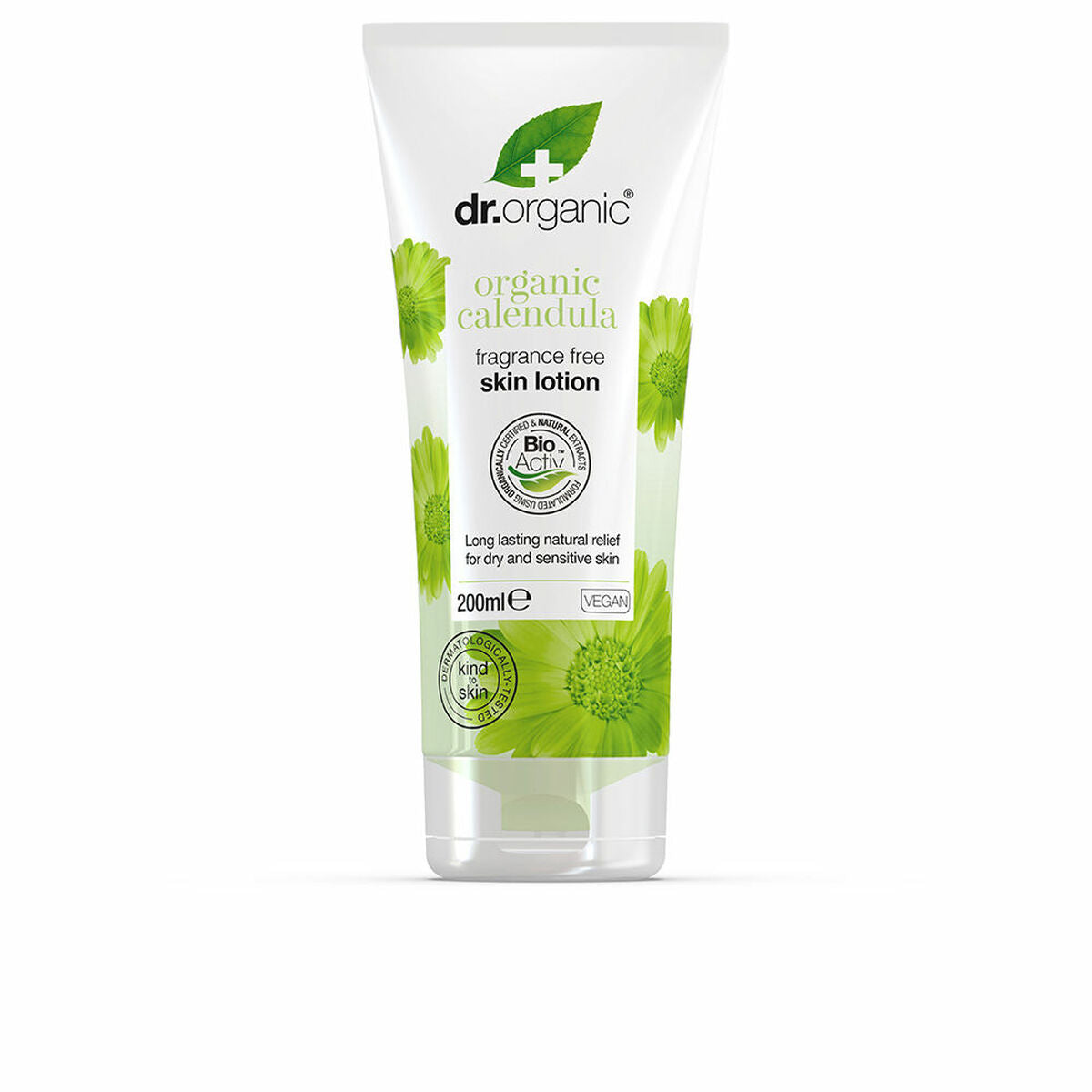 Lotion corporelle Calendula 200 ml de Dr. Organic, biodégradable, vegan et sans parfum pour peaux sèches.