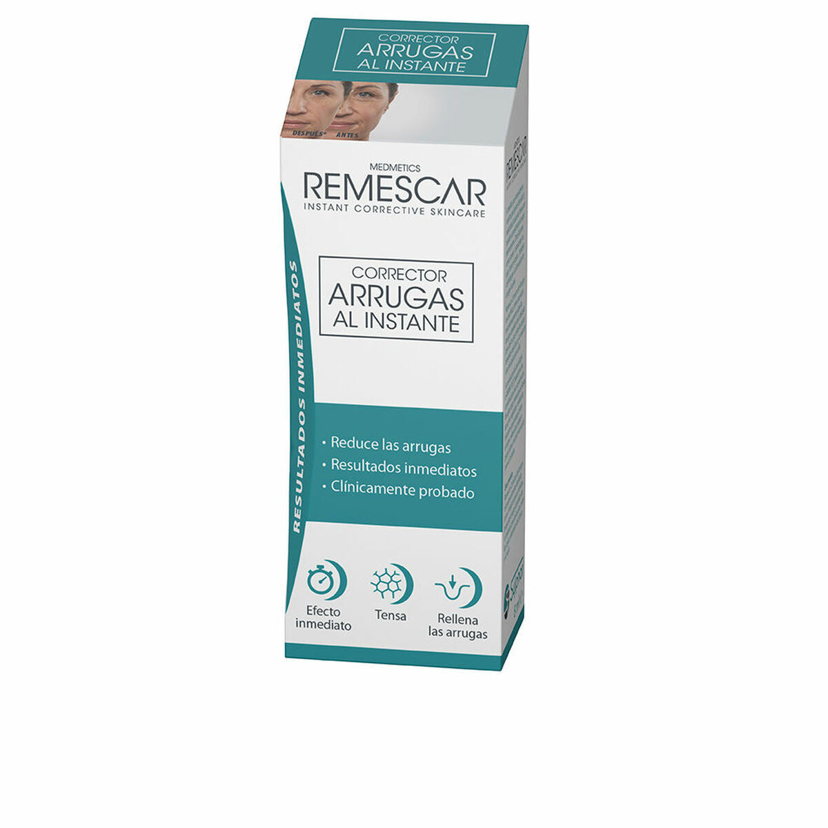 Crème antirides Remescar packaging highlighting wrinkle reduction and instant results.