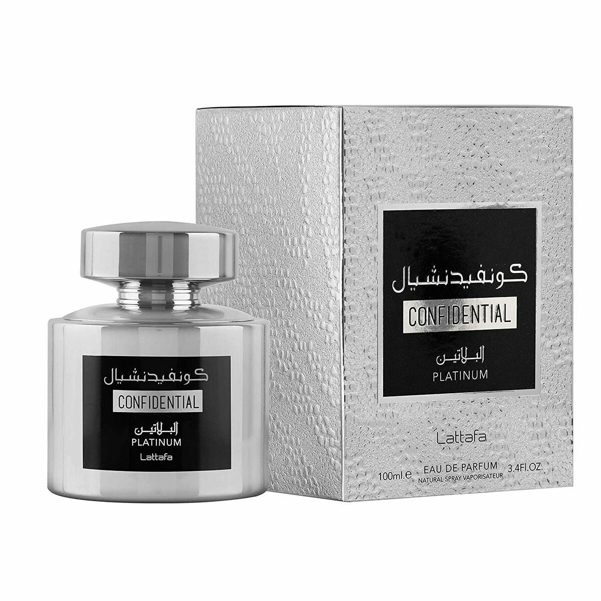 Parfum Homme Lattafa CONFIDENTIAL PLATINUM bottle and box packaging, 100ml Eau de Parfum, luxury scent for men.