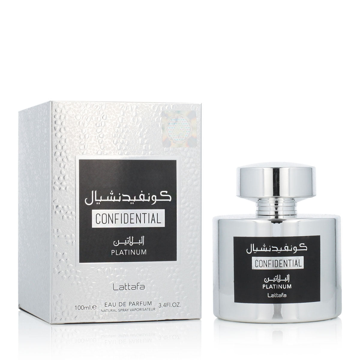 Parfum Homme Lattafa CONFIDENTIAL PLATINUM 100ml, élégant flacon avec emballage à effet métallisé.
