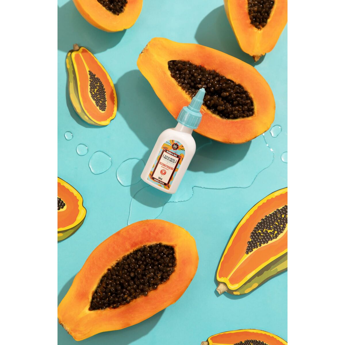 Lola Cosmetics product displayed with whole and sliced papayas against a blue background, emphasizing fruity ingredients.