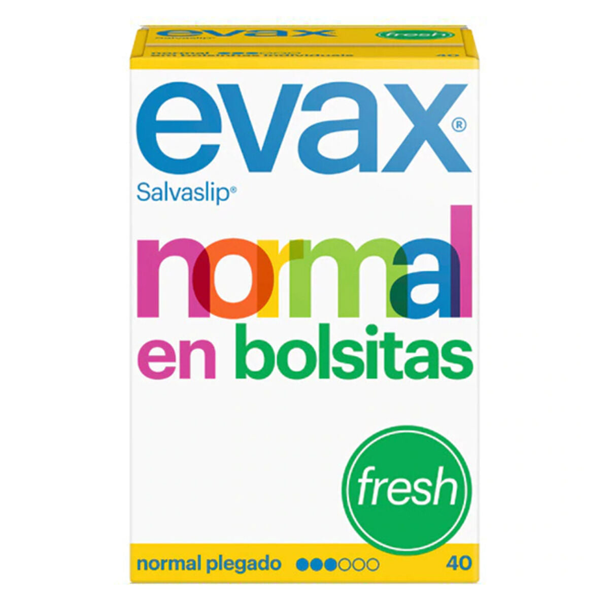 Evax normal fresh panty liners packaging with 40 units, designed for women's personal hygiene.
