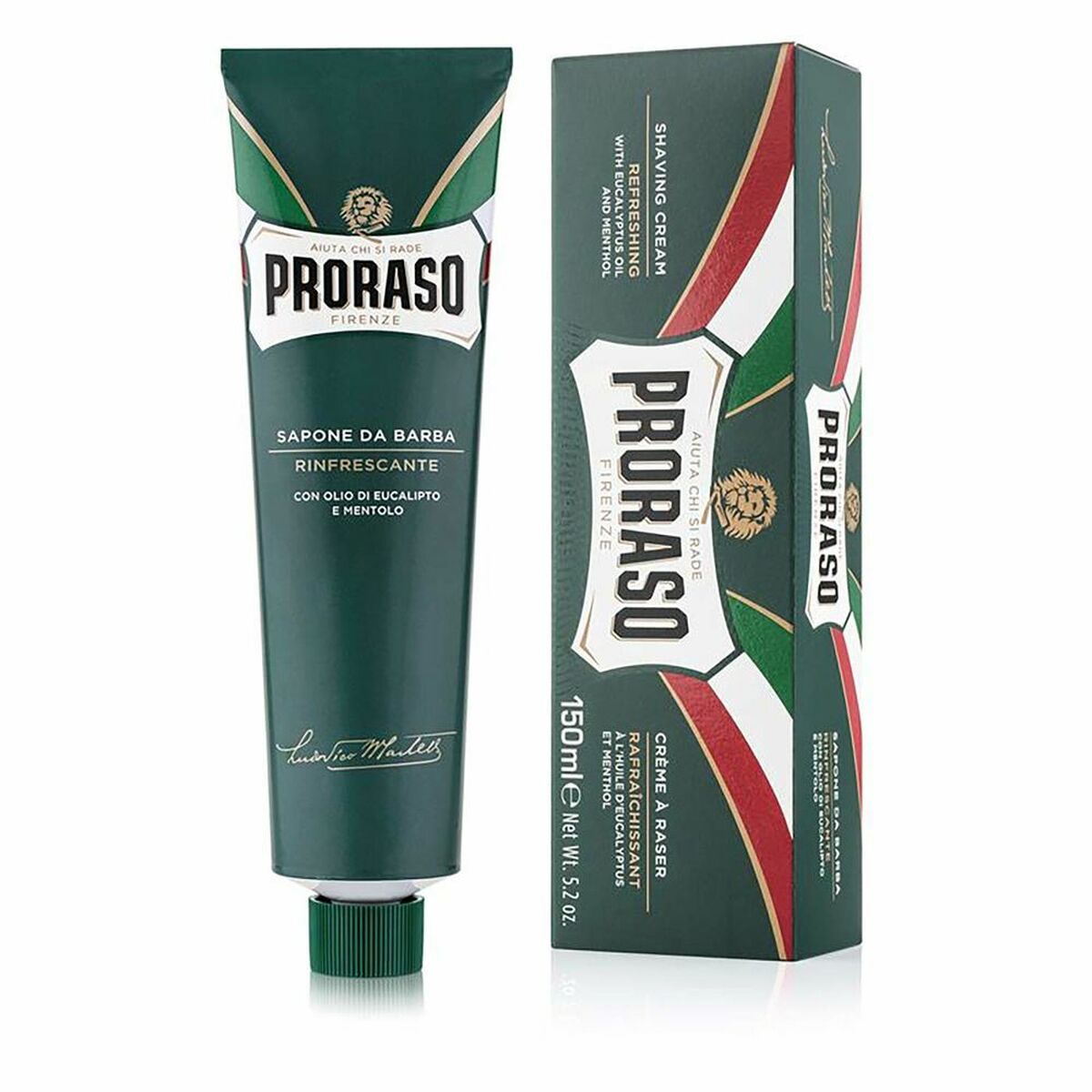 Proraso Classic Shaving Cream 8876 tube and box, enriched with eucalyptus and coconut oil for a refreshing shave.